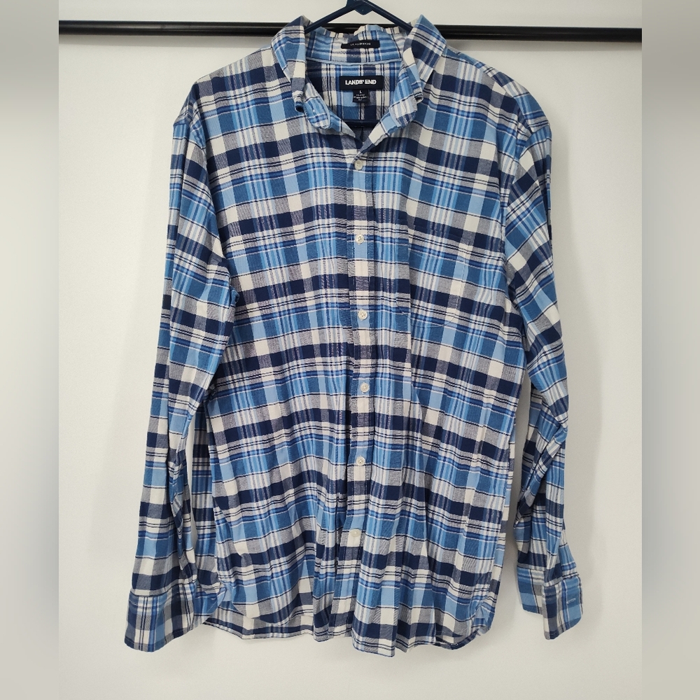 Lands' End Sail Rigger Oxford Men's Blue and White Plaid Button-Down Shirt Sz Lg